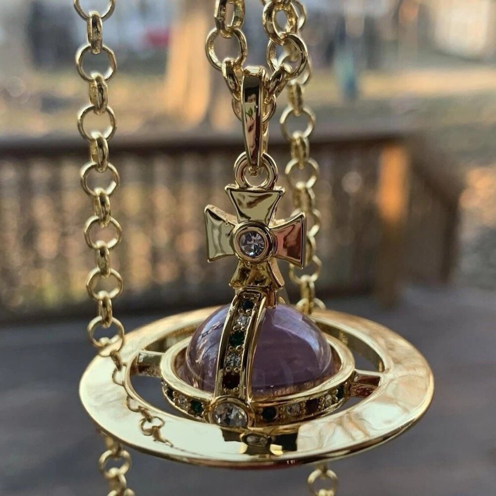 Vivienne Westwood Necklace Large Orb Gold Pink Light Purple new - Picture 2 of 8